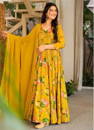 
                      Mustard Digital Print Rayon Trendy Plus Size Gown