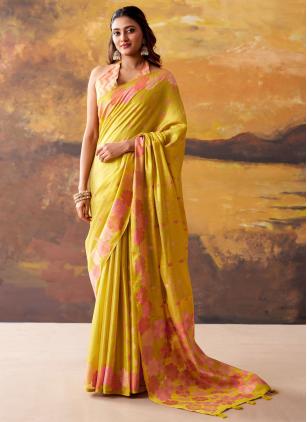 
                      Mustard Printed Tissue Classic Saree