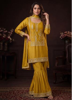 
                      Mustard Satin Silk Embroidered Readymade Salwar Kameez
