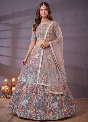 
                      Net Lavender Embroidered Sequins Work Lehenga Choli