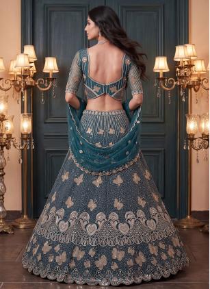 
                      Net Ceremonial Teal Embroidered Designer Lehenga Choli