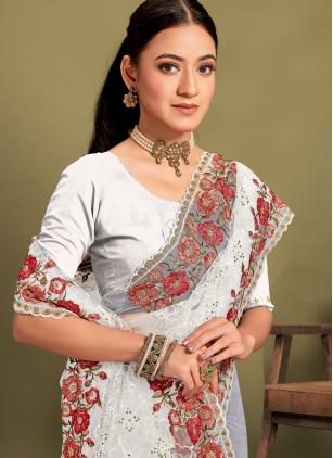 
                      White Zari Embroidered Net Classic Saree
