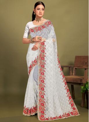 
                      White Zari Embroidered Net Classic Saree