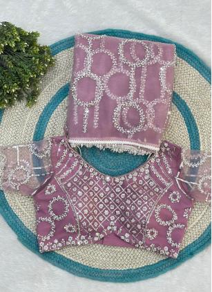 
                      Pink Net Embroidered Designer Saree