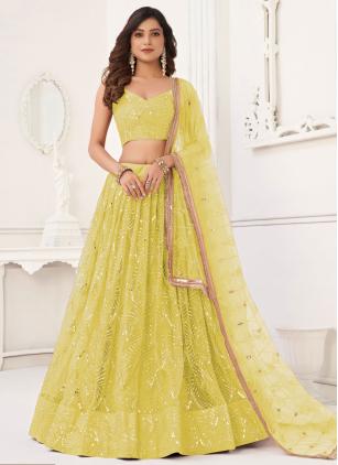 
                      Net Embroidered Yellow Lehenga Choli