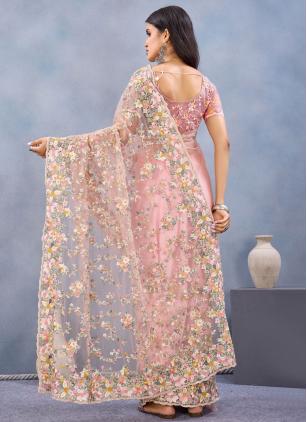 
                      Net Resham Work Peach Embroidered Saree