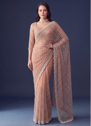 
                      Net Pearls and Sequins Work Peach Saree