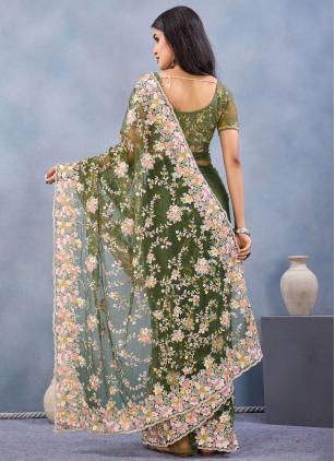 
                      Green Net Embroidered Trendy Mehandi Saree