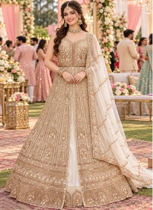 
                      Off White Beads Work Net Readymade Lehenga Choli