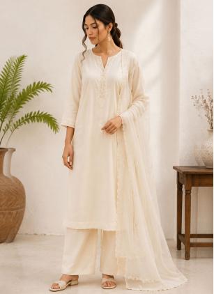 
                      Plus Size Off White Embroidered Cotton Readymade Salwar Suit