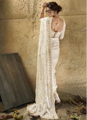
                      Off White Trendy Beads Sequins Zari Work Saree