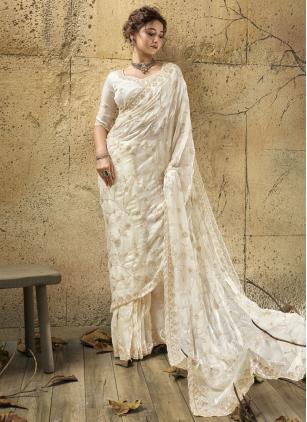 
                      Off White Trendy Beads Sequins Zari Work Saree