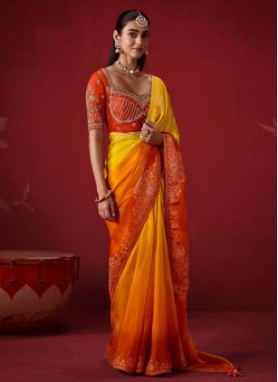 
                      Orange and Yellow Crepe Silk Classic Saree