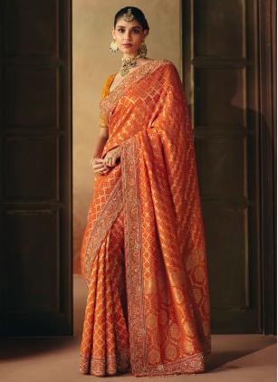Wedding Orange Beads Pure Georgette Classic Saree