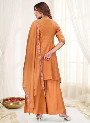 
                      Orange Ceremonial Embroidered Chanderi Readymade Salwar Kameez