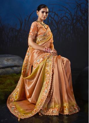 
                      Orange Ceremonial Embroidered Silk Trendy Wedding Saree