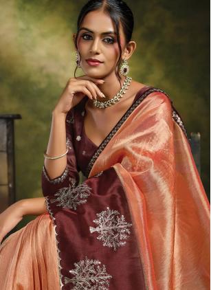 
                      Orange Organza Embroidered Trendy Saree