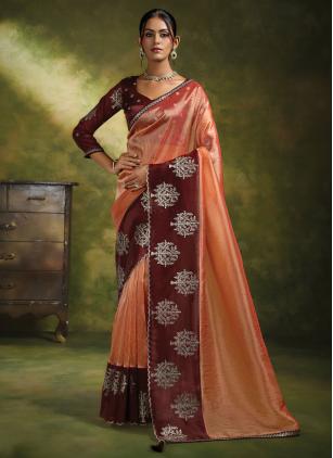 
                      Orange Organza Embroidered Trendy Saree