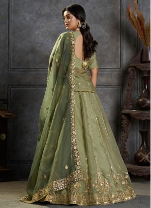 
                      Organza Green Long Choli Style Lehenga With Sequins Work