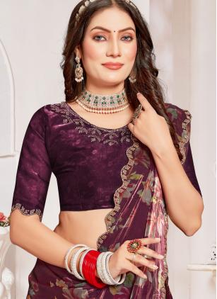 
                      Organza Wine Border Work Traditional Saree
