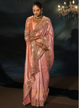 
                      Peach and Pink Silk Cut Dana Zari Work Classic Saree for Bride