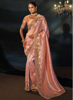 
                      Peach and Pink Silk Cut Dana Zari Work Classic Saree for Bride