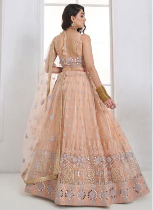 
                      Peach Cord Sequins Work Net Lehenga Choli