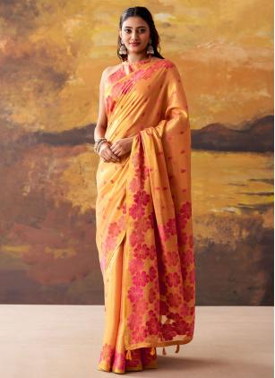 
                      Peach Printed Tissue Fabric Contemporary Saree
