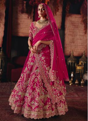 
                      Pink Bridal Beads Silk Trendy Layered Lehenga Choli