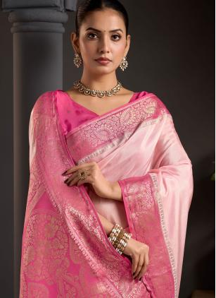 
                      Pink Ceremonial Woven Work Contemporary Saree