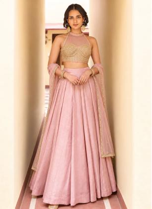 
                      Pink Embroidered Sangeet Party Lehenga Choli