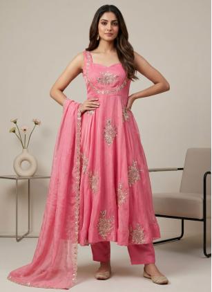 
                      Pink Embroidered Fandy Silk Trendy Salwar Kameez