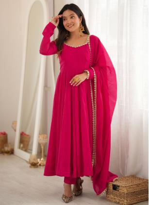 
                      Pink Lace Chanderi Silk Readymade Salwar Kameez With Dupatta