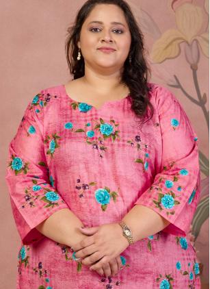
                      Pink Printed Cotton Party Wear Kurti in Plus Size