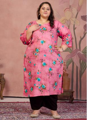 
                      Pink Printed Cotton Party Wear Kurti in Plus Size