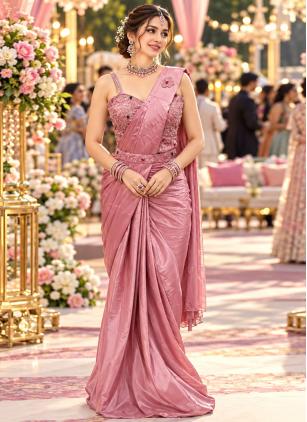 
                      Pink Satin Beads Work Contemporary Saree