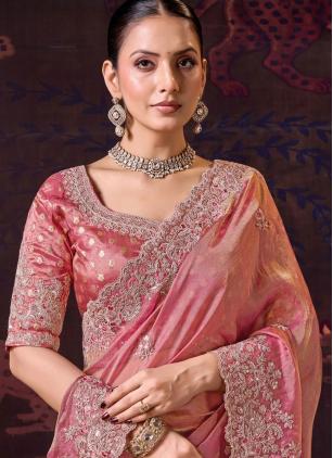 
                      Pink Tissue Embroidered Trendy Saree With Readymade Blouse