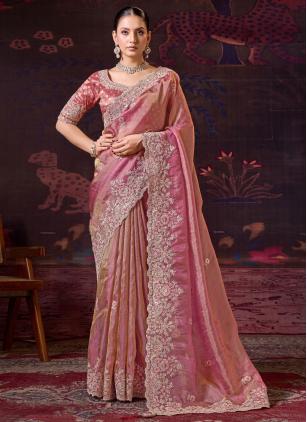 
                      Pink Tissue Embroidered Trendy Saree With Readymade Blouse