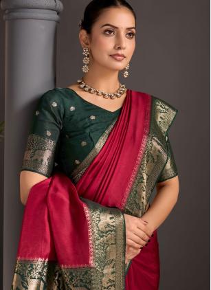 
                      Pink Viscose Woven Saree