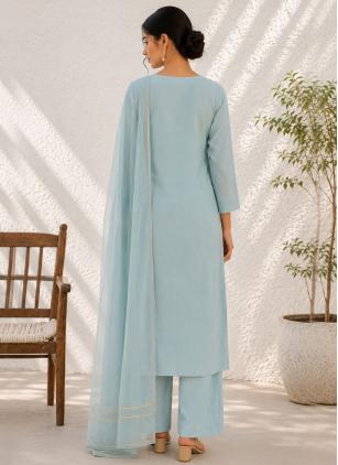 
                      Plain Cotton Aqua Blue Plus Size Palazzo Salwar Kameez
