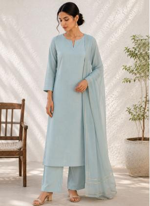 
                      Plain Cotton Aqua Blue Plus Size Palazzo Salwar Kameez