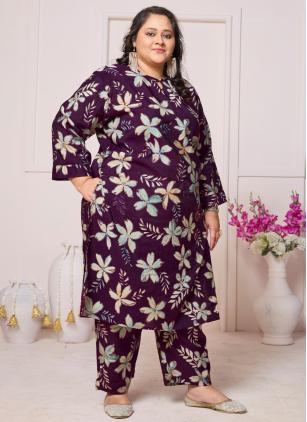 
                      Plus Size Printed Chanderi Wine Designer Kurti
