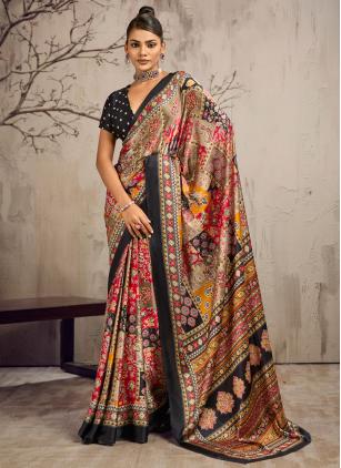 Print Multi Colour Satin Contemporary Saree