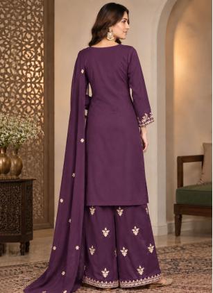
                      Purple Chinon Embroidered Work Palazzo Salwar Kameez