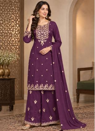 
                      Purple Chinon Embroidered Work Palazzo Salwar Kameez