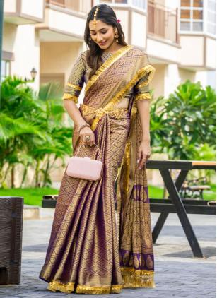 
                      Purple Brocade Silk Woven Contemporary Saree