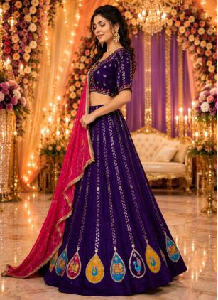 
                      Purple Embroidered Vichitra Silk Readymade Lehenga Choli