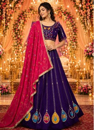 
                      Purple Embroidered Vichitra Silk Readymade Lehenga Choli