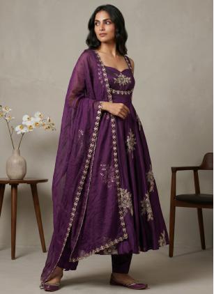 
                      Purple Fandy Sequins Embroidered Readymade Salwar Kameez