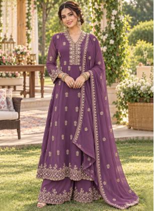 
                      Purple Georgette Embroidered Palazzo Salwar Kameez
